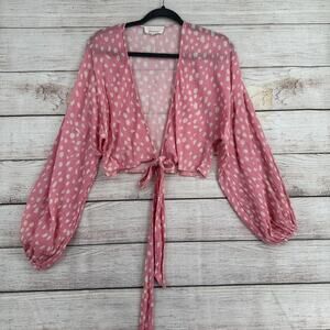 Anthropologie‎ Long Sleeve Tie Front Kimono Womens One Size Pink Cream Dot